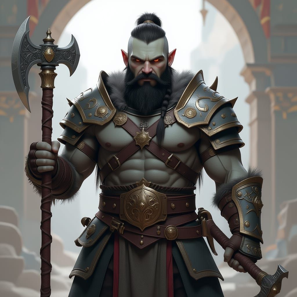 Half-Orc Warrior with Dual Axes in Plate Armor