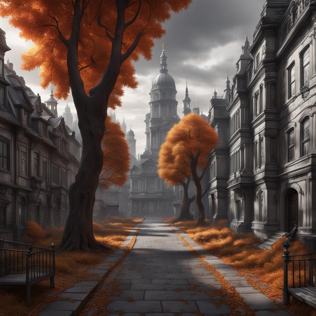 Grayscale Autumn Park Scene in Matte Painting Style