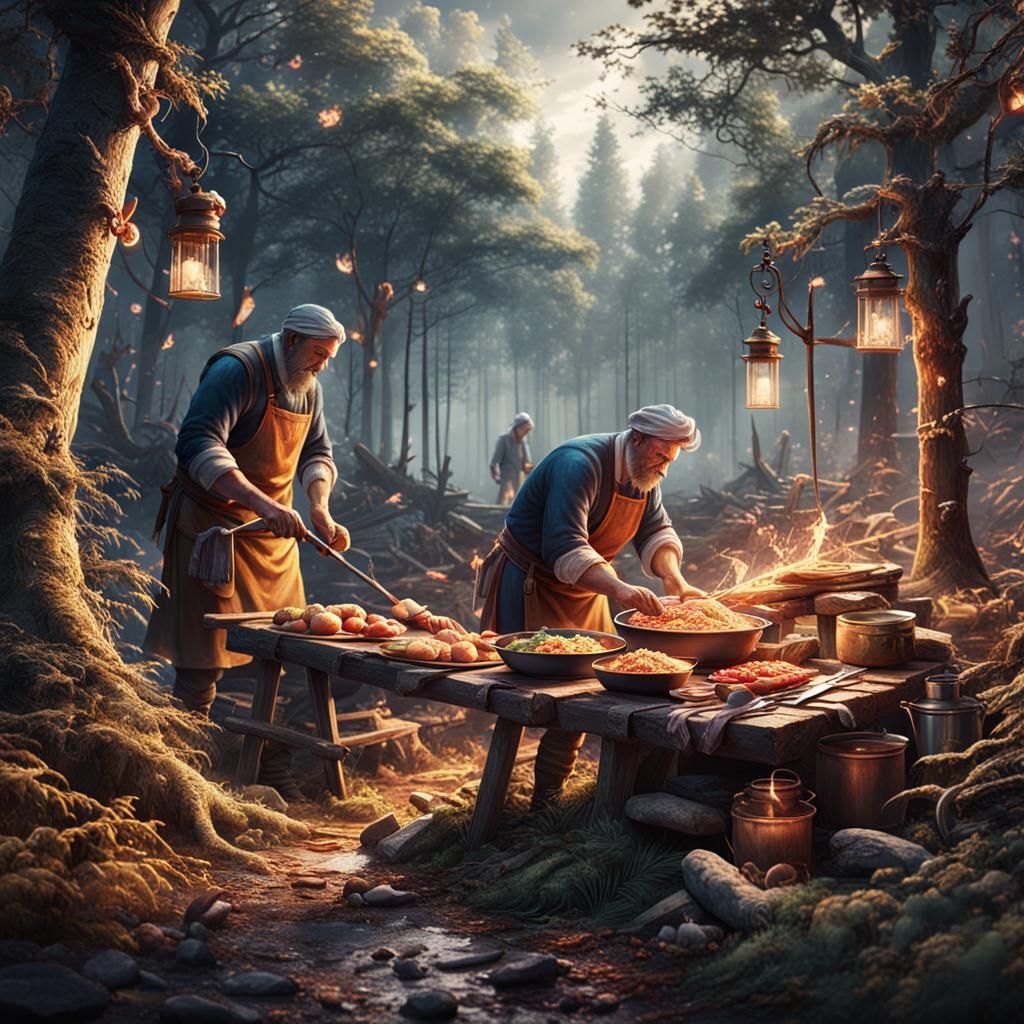 Men Cooking Food in Detailed Forest Painting