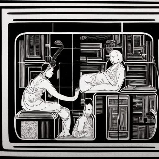 Meditators in Arcade Machine, Black and White Linocut Style