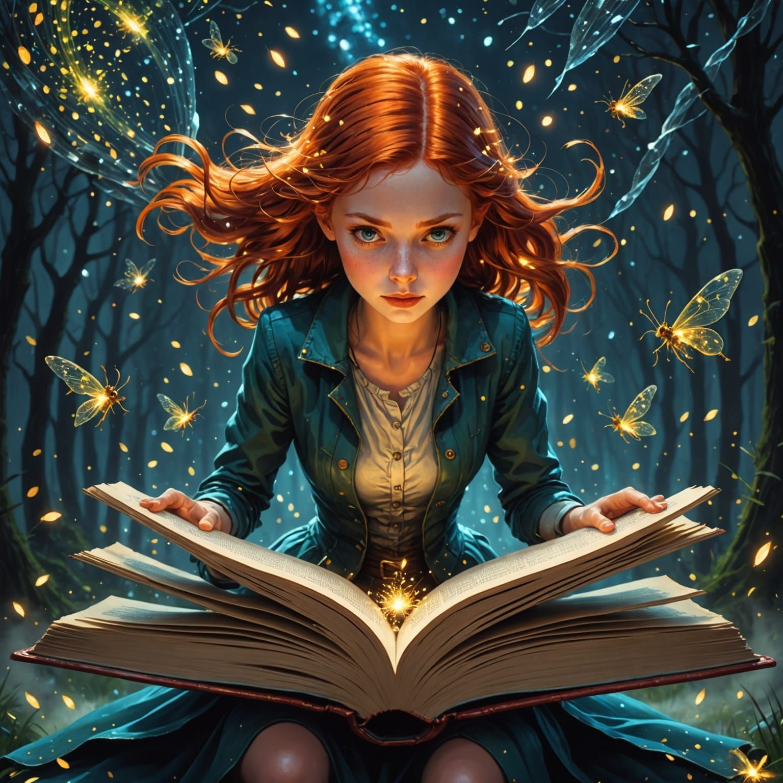 Redhead Emerges from Book Amidst Fireflies