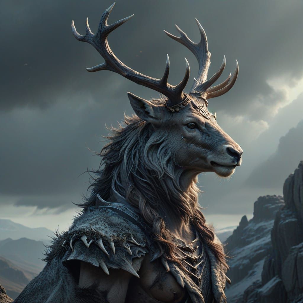 Female Hircine atop a Hill in Digital Matte Painting Style