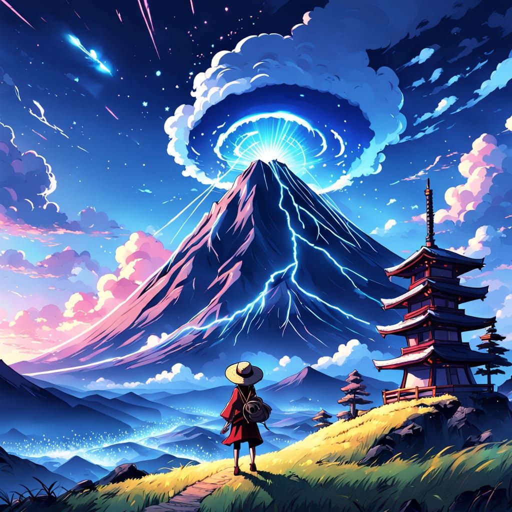 Anime Luffy Mage Dancing on Mount Fuji with Vibrant Neon Lig...