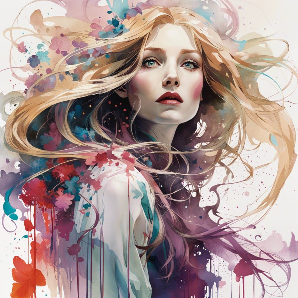 Rapunzel with Flowing Hair, Illustrative Digital Art