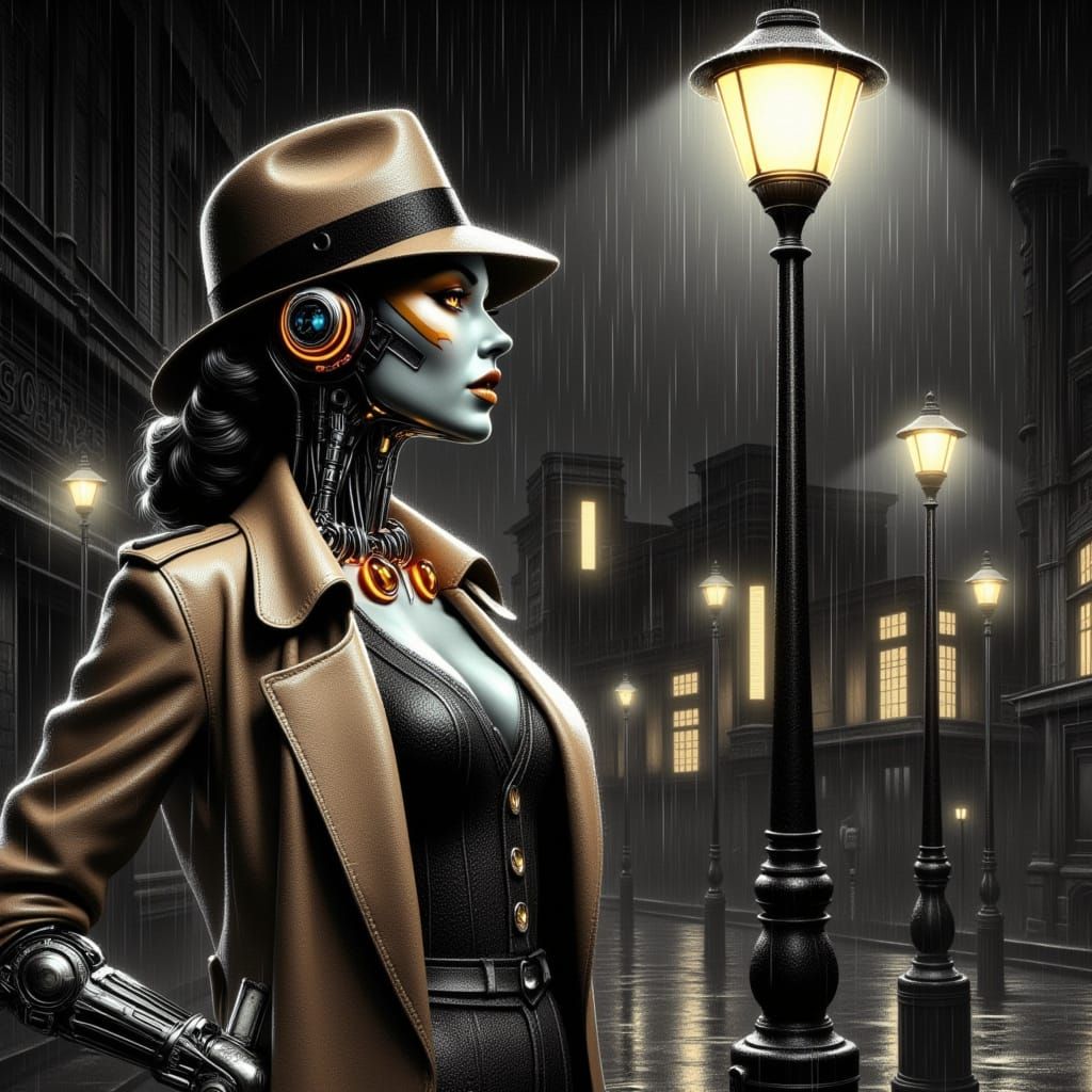 Female Robot Detective in Cyber Noir Style
