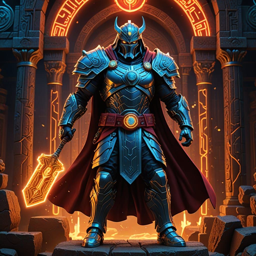 Heroic Warrior Lord Arcturus in Neon-Lit Ancient Temple