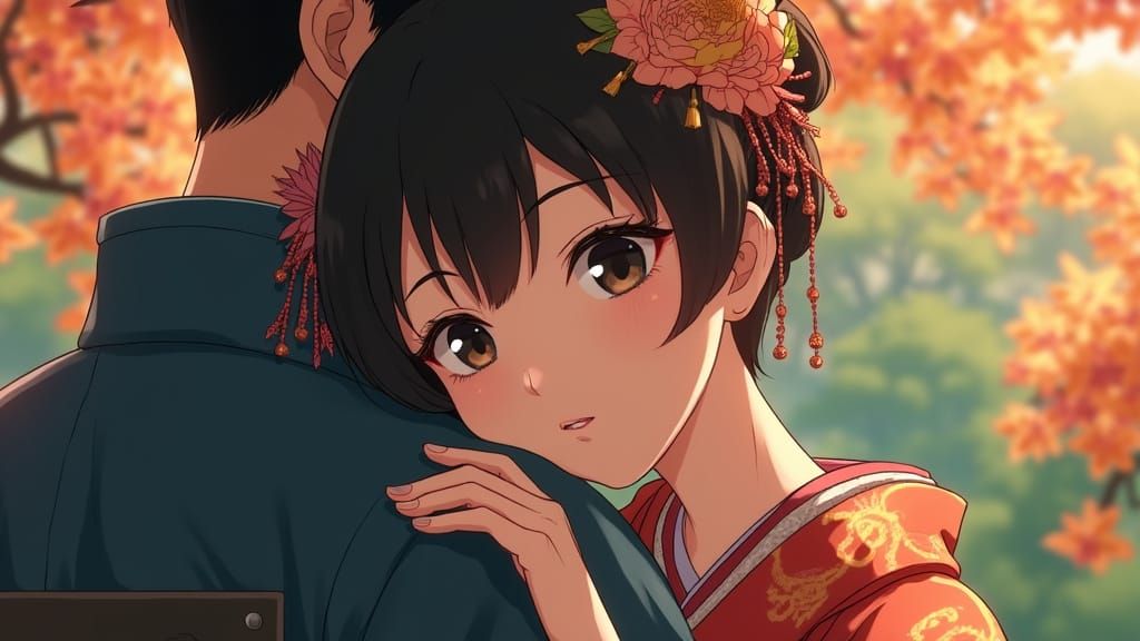 Geisha and Samurai Embrace in Anime Style