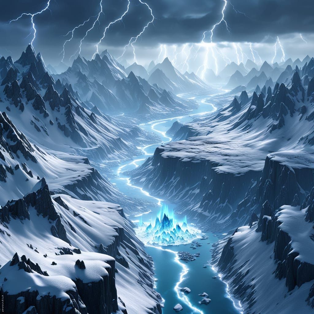 Lightning Strikes Ice Mountain: Fantasy Landscape