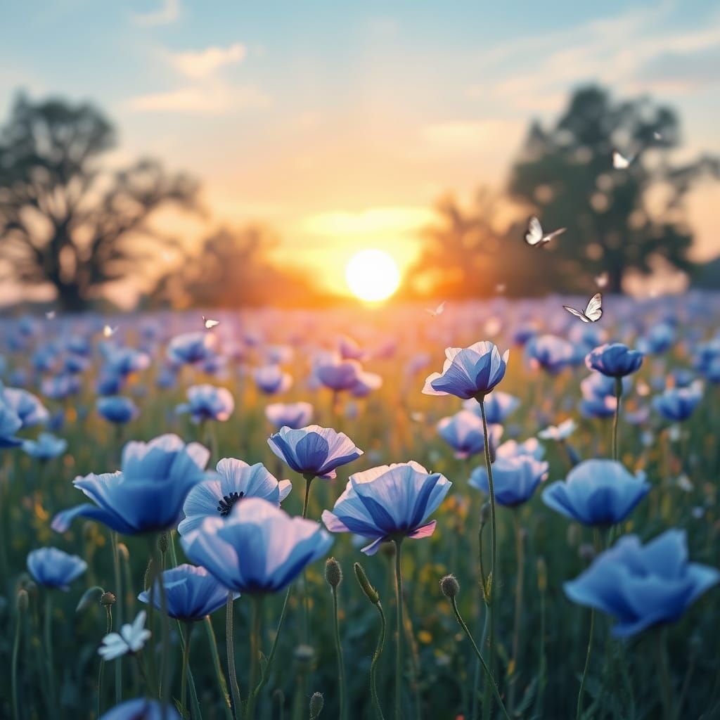 Blue Poppy Field at Sunset: Soft Surreal Impressionism