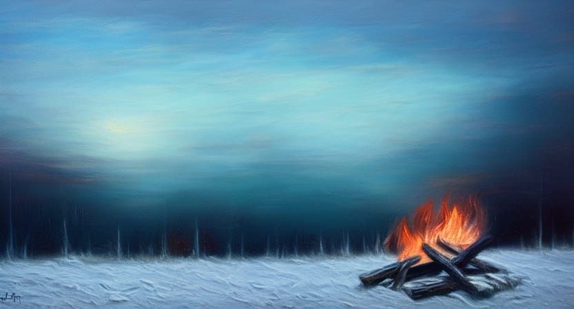 Surreal Campfire Glow in Freezing Tundra: Oil Painting
