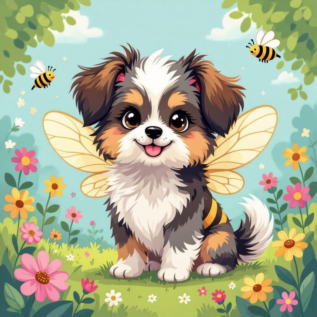 Whimsical Dog-Bee Hybrid in Pastel Garden