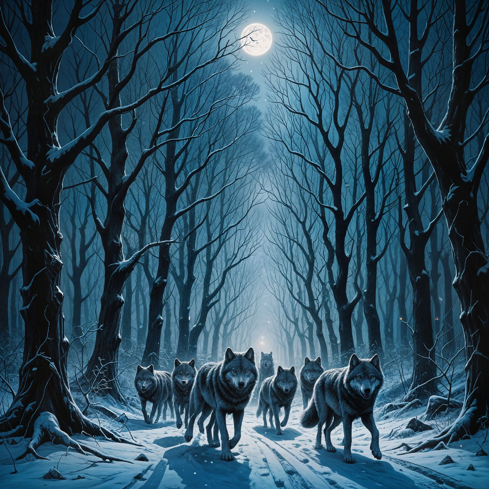 Snow White Wolf Pack in Distant Forest