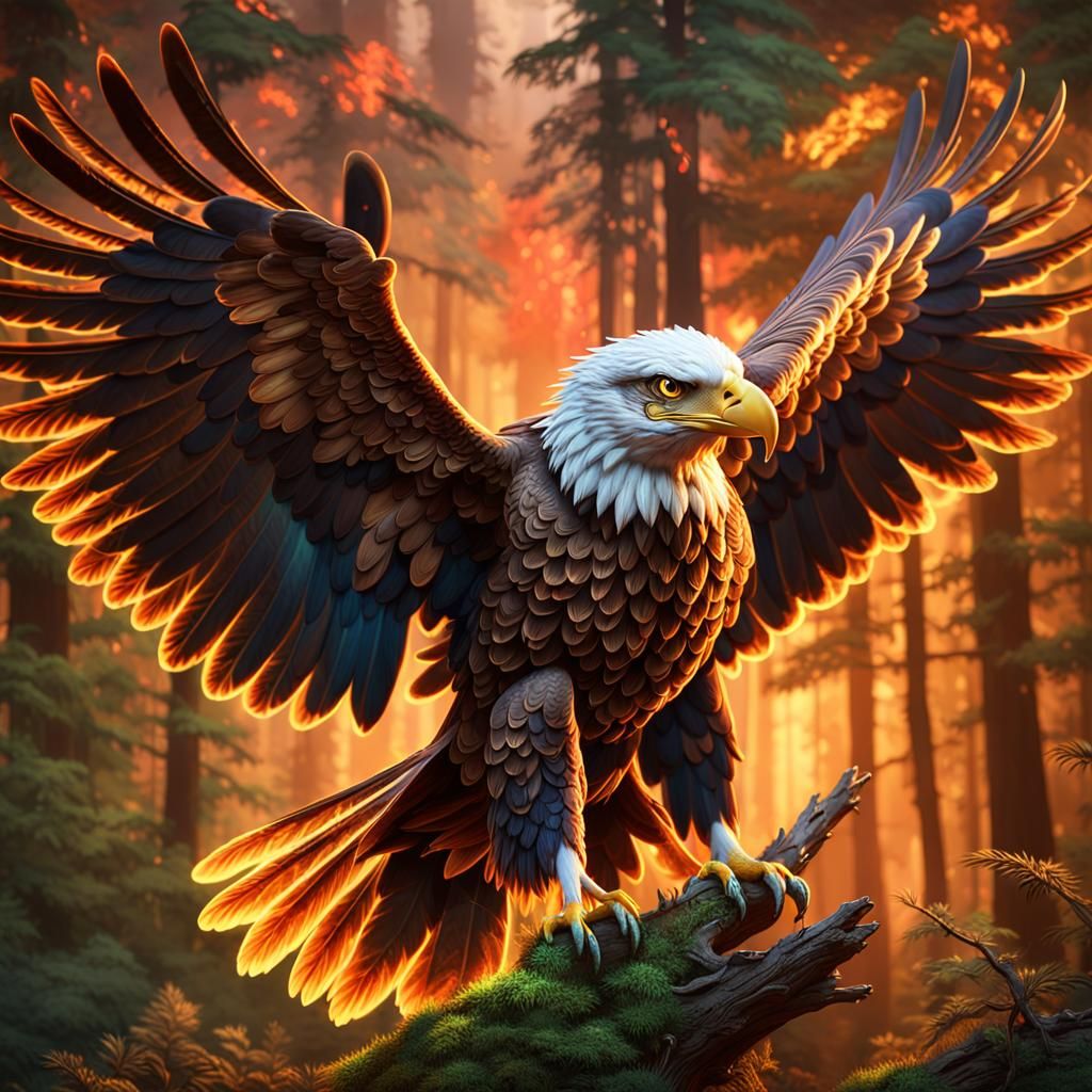 Majestic Eagle Soaring Through Lush Forest in Pixar Style
