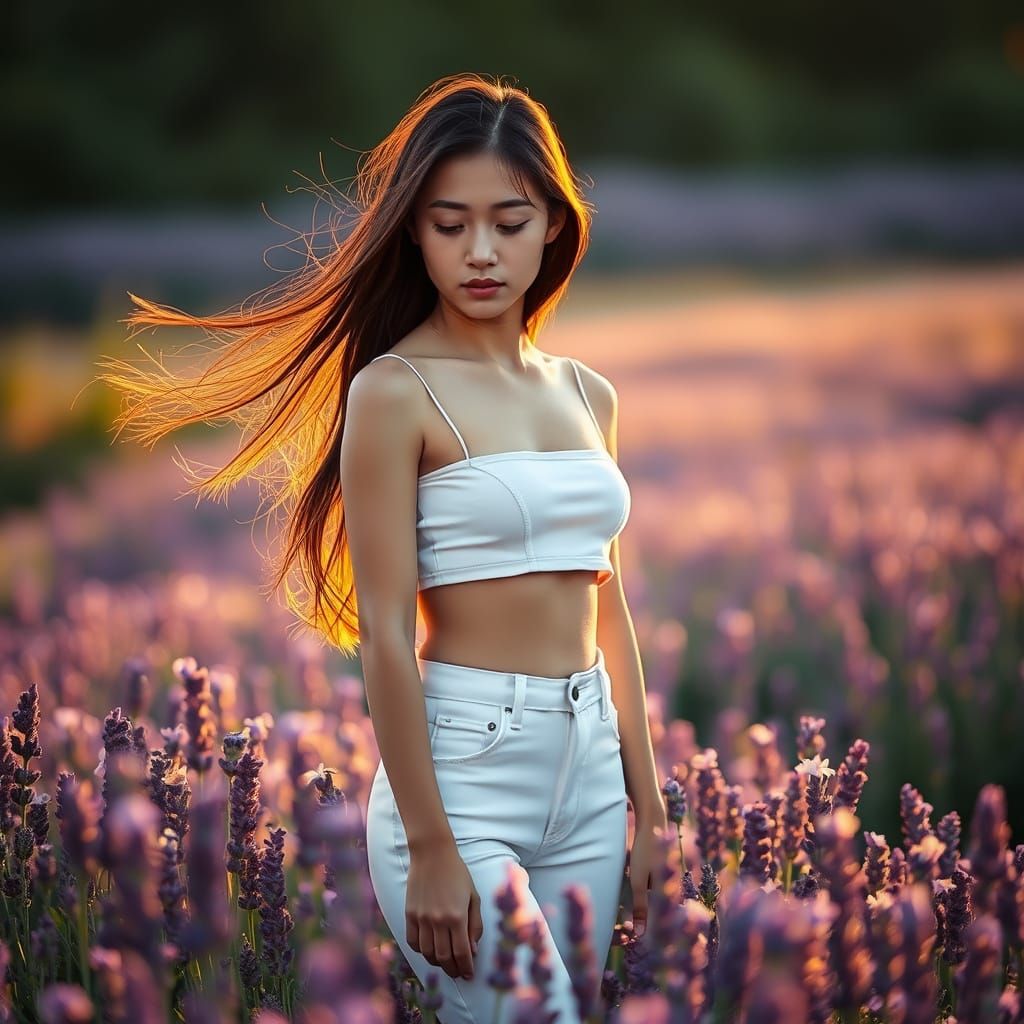 Serene Japanese Woman in Lavender Field