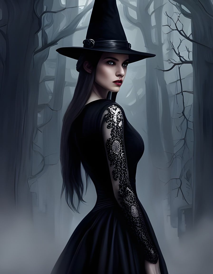 Majestic Witch in Black Lace Dress Portrait