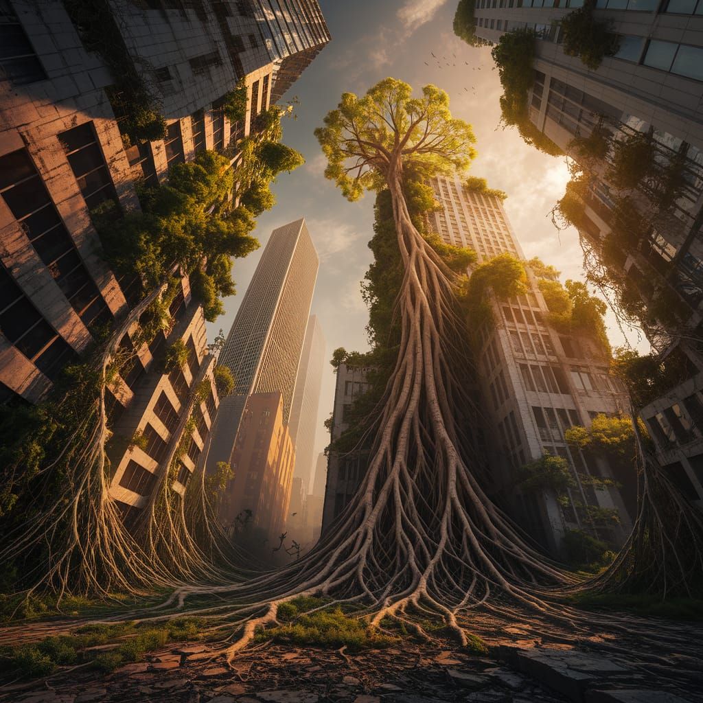 Metropolis Reclaimed: Nature's Golden Hour Embrace