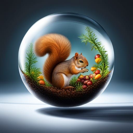 Squirrel and Acorns in Crystal Ball: Hyperrealistic Art