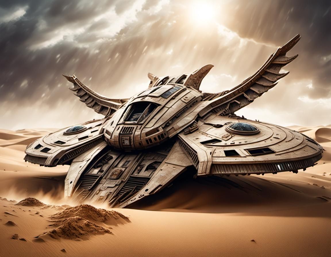 Derelict Alien Spaceship Crash in Desert Landscape