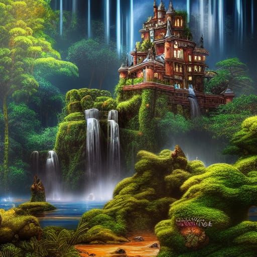 Majestic Waterfall Castle in Lush Jungle