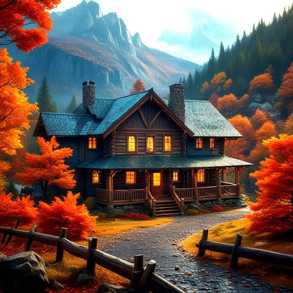 Rustic Log Cabin in Autumn Rain: Detailed Matte Painting