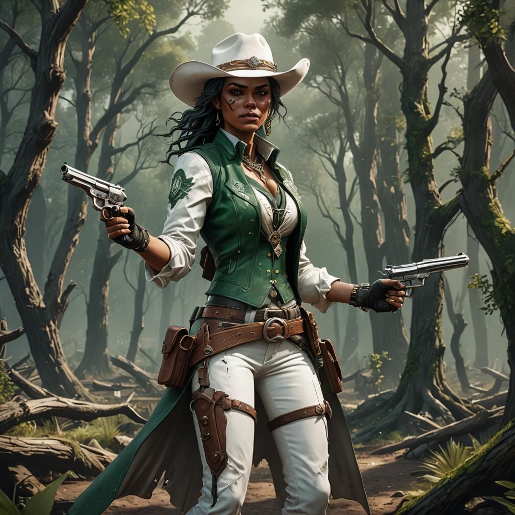 Female Mirialan Gunslinger with forest green skin in white cowboy outfit and a pistol in each hand