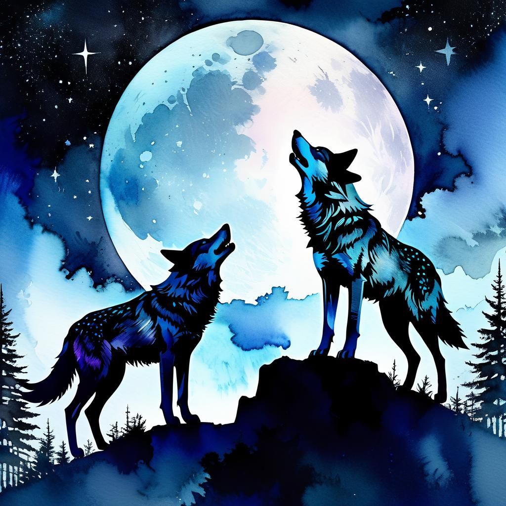 Fantasy Wolves Silhouetted Against Moonlight Galaxy