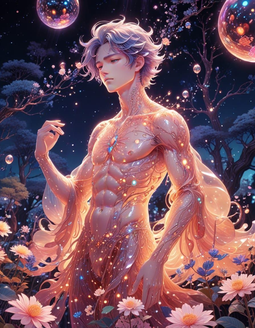 Ethereal Ghostly Manga Figure with Floral Patterns and Divin...