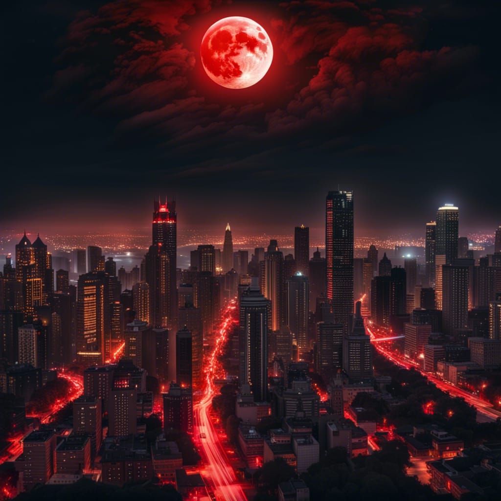 Blood Moon Rising Over Beautiful Metropolis