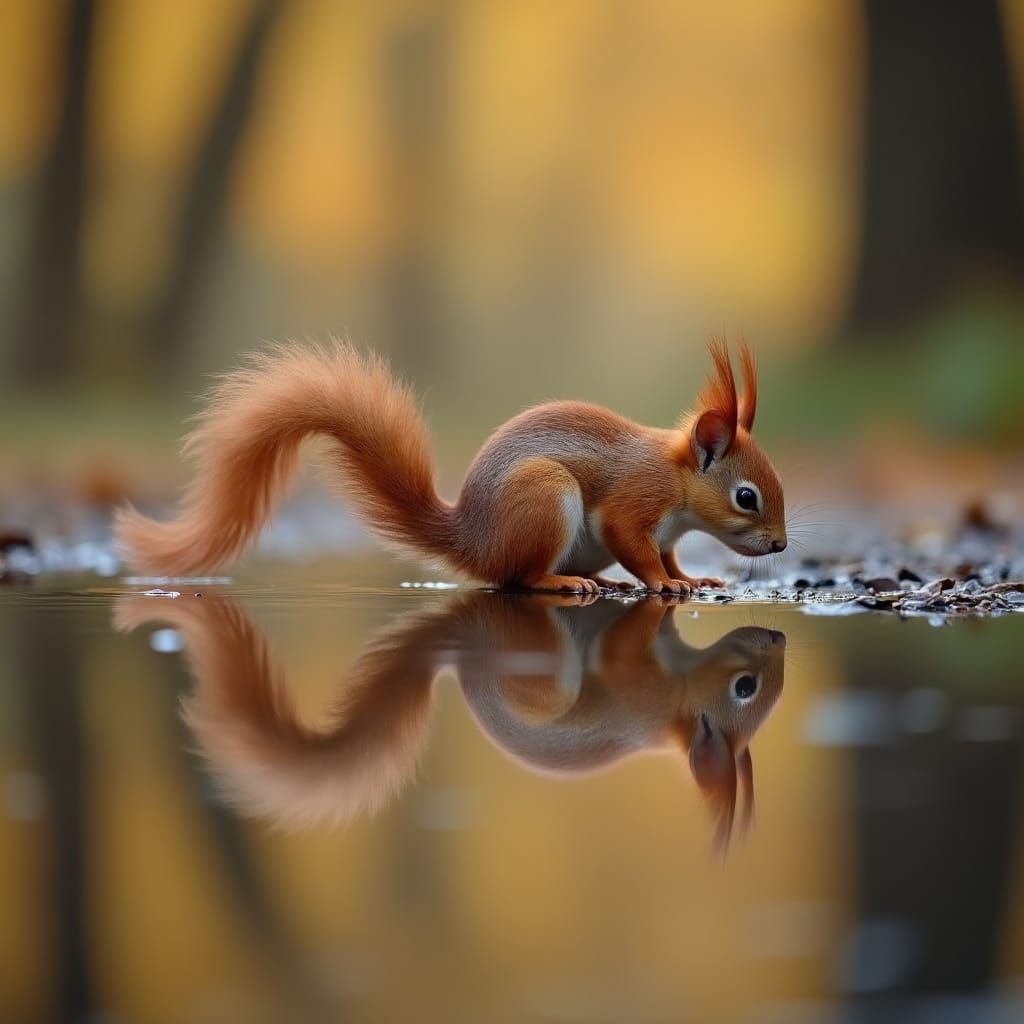 Baby Squirrel Reflection in Autumn Forest
