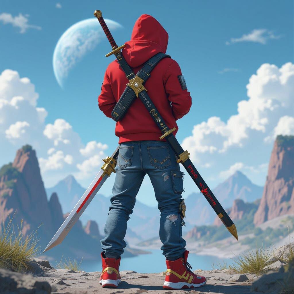 Futuristic Guardian in Earth-like Landscape in Cyberpunk Sty...