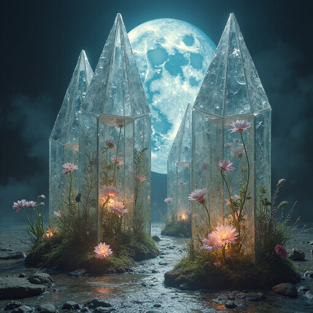 Moonlit Crystal Cathedral with Flowers