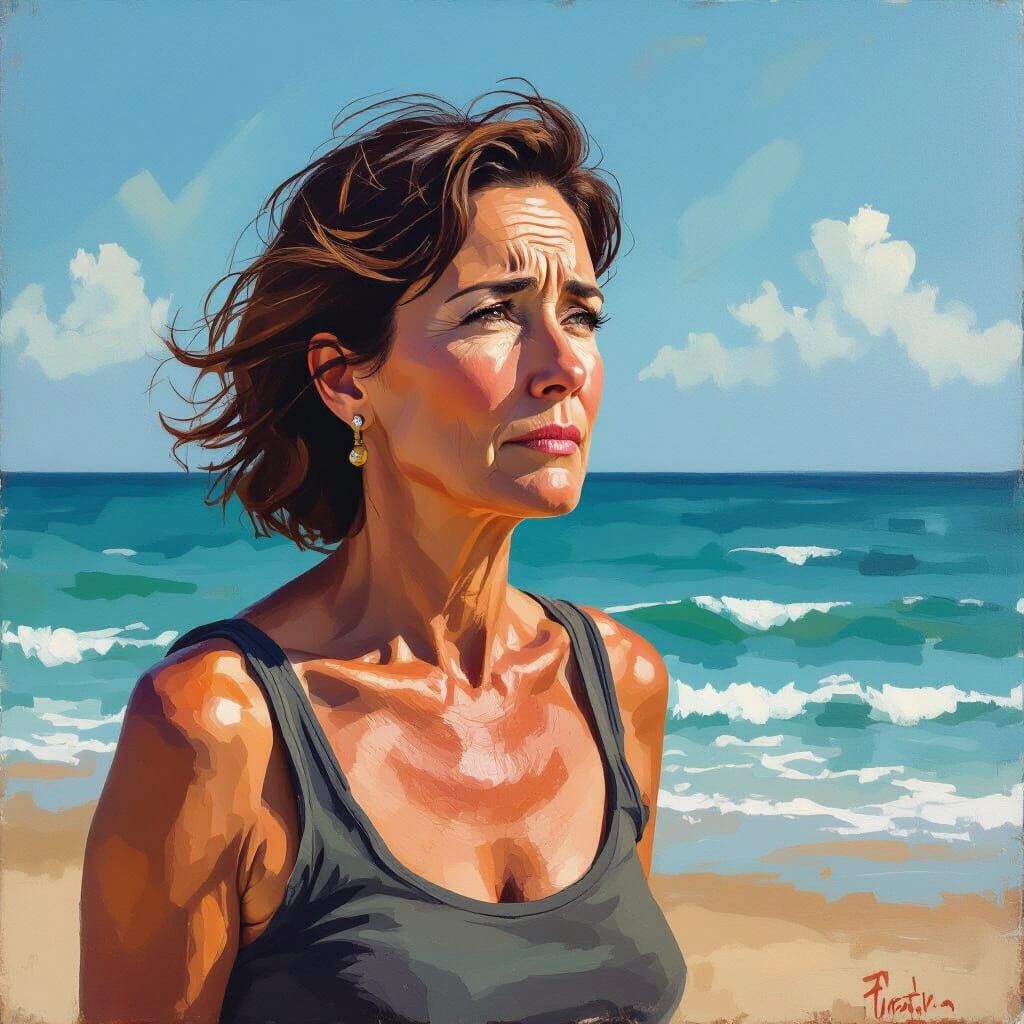 Worried Woman Walking by the Ocean: Expressive Art