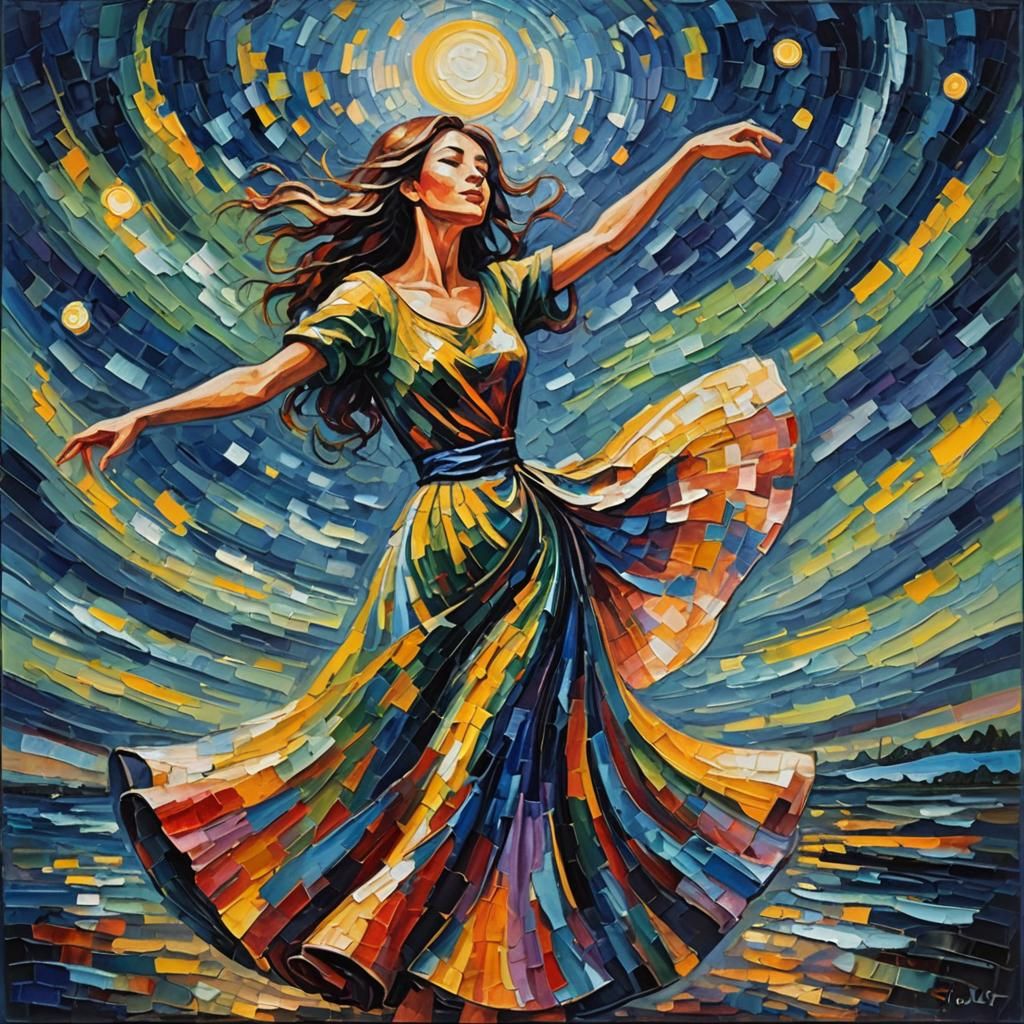 Moonlit Dance: A Neo-Impressionist Oil Painting
