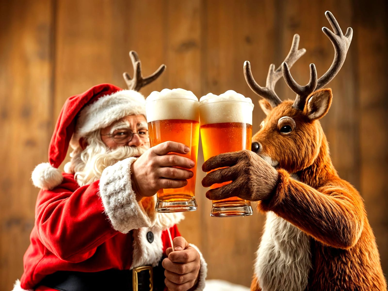 Jolly Old Elves Raise Mugs in Toasty Winter Scene