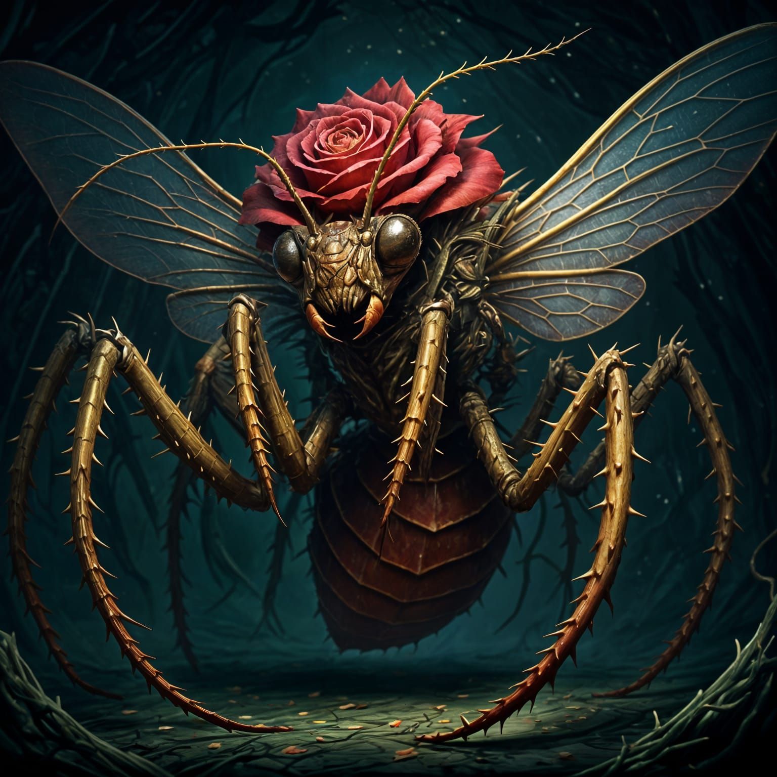 Fey-Touched Wasp Mantis Hybrid with Rose Armor