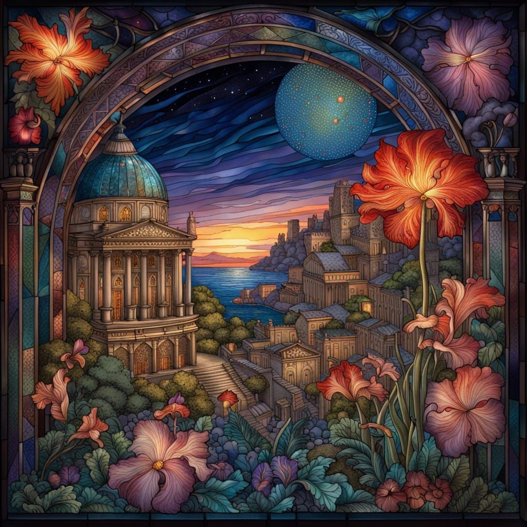 Ornate Stained Glass Roman Cityscape