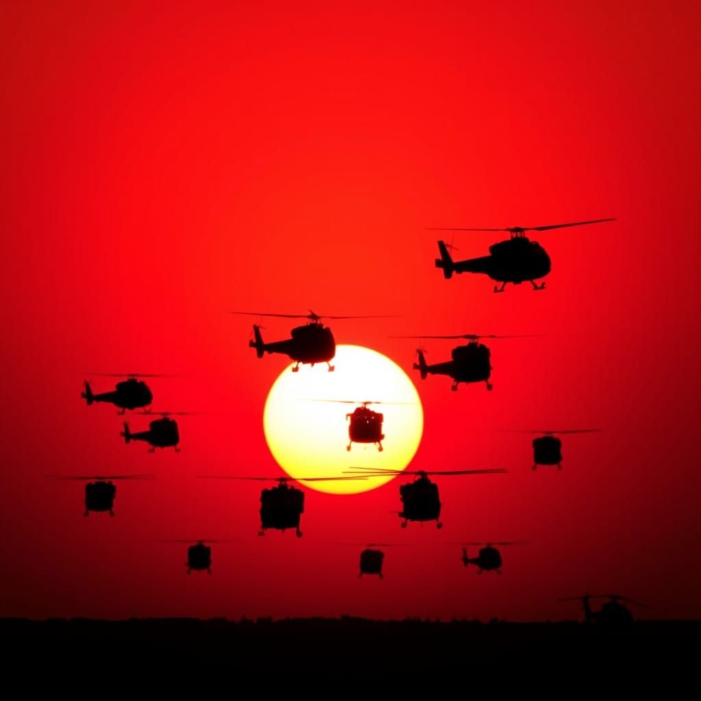 Helicopters Silhouetted Against a Deep Red Sunset in the Ira...