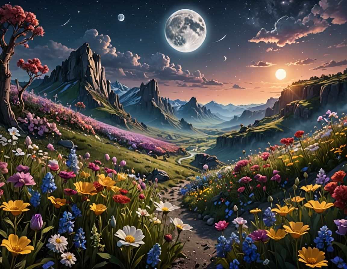 Valley of Flowers Under the Moon: Fantasy Concept Art