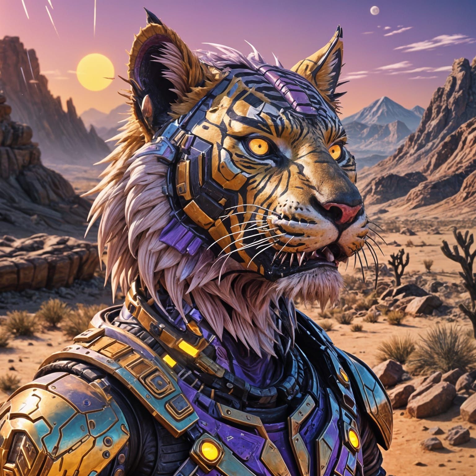 Punk Sabertooth Tiger in Alien Desert: Anime Art