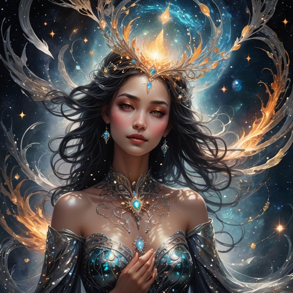 Ethereal Woman in Space with Futuristic Jewelry