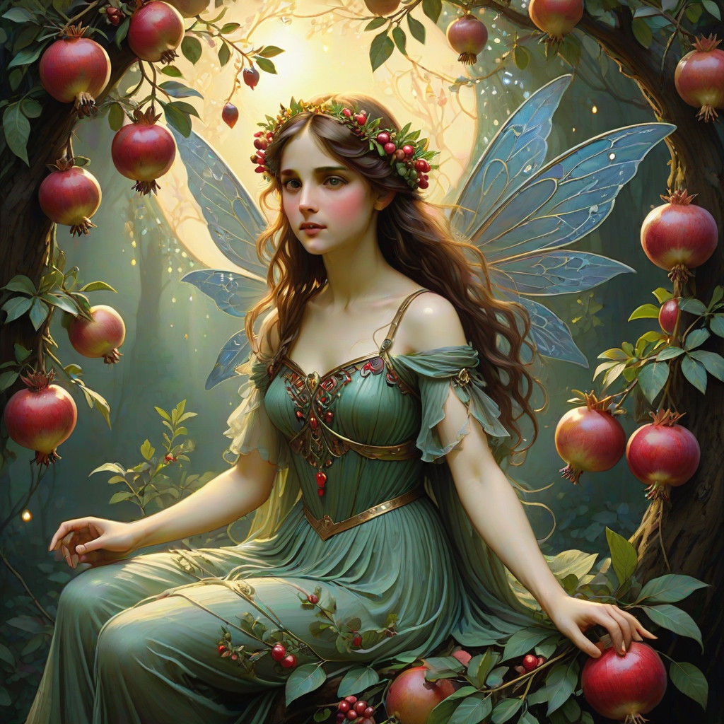 Whimsical Pomegranate Tree Fairy in Art Nouveau Style
