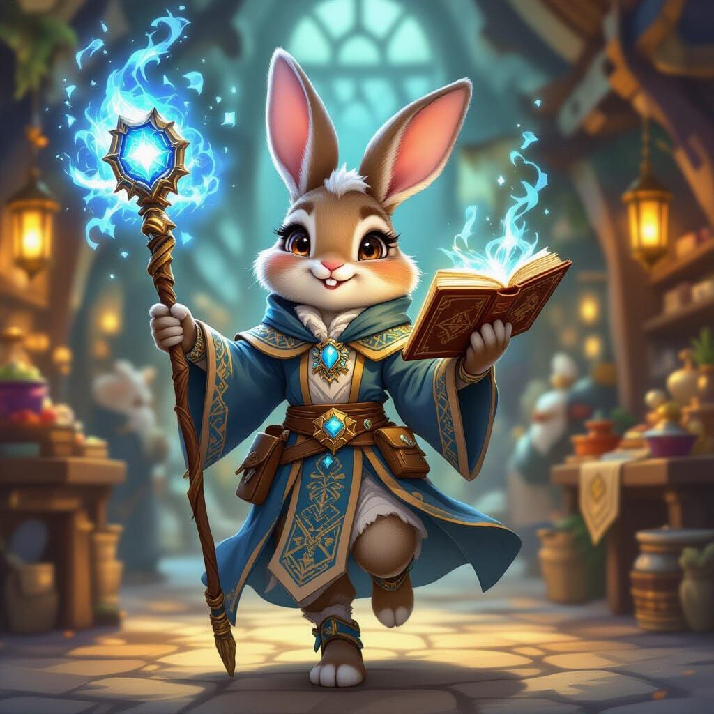 Anthropomorphic Rabbit Wizard Holding Staff and Book