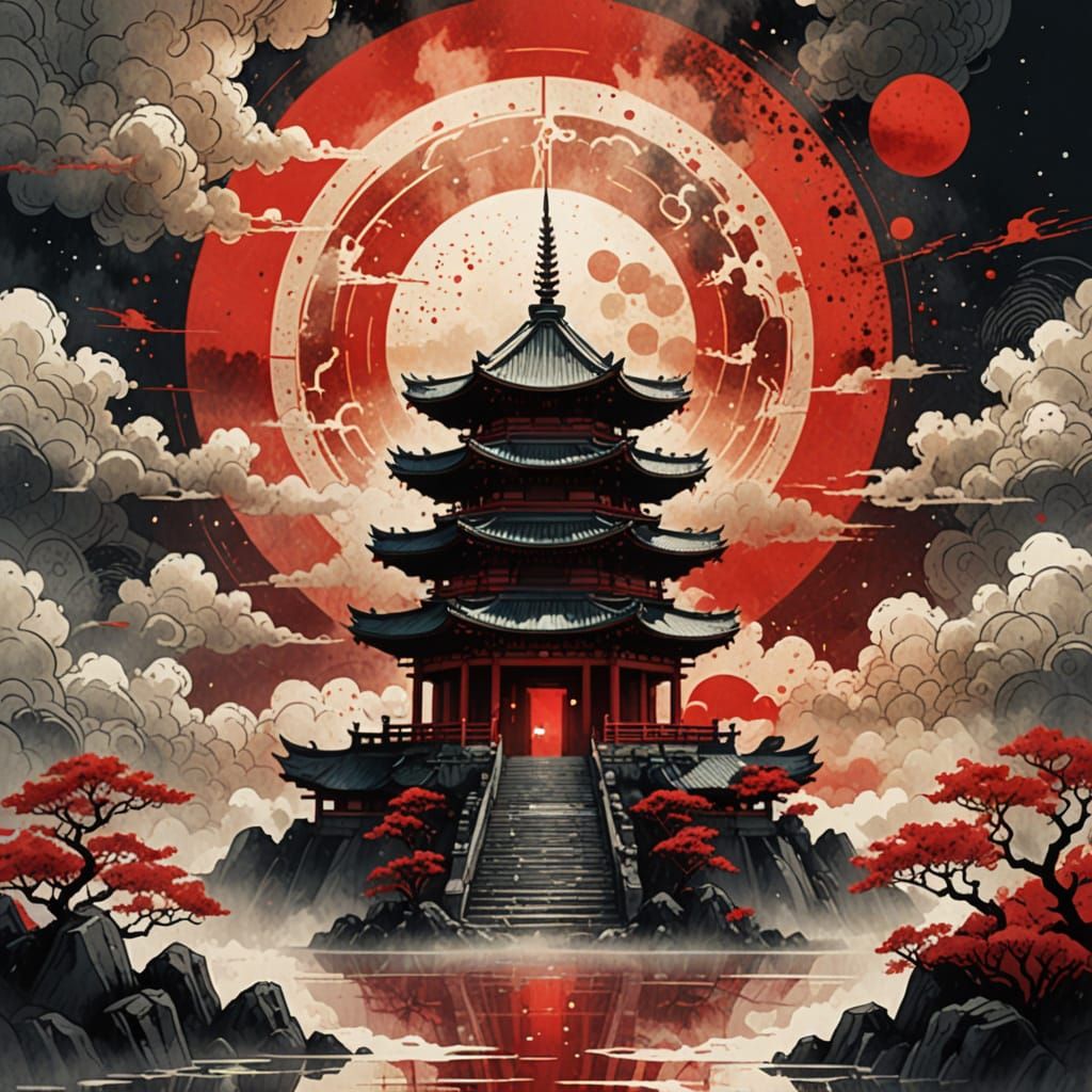 Occult Temple in Japanese Ink Painting Style