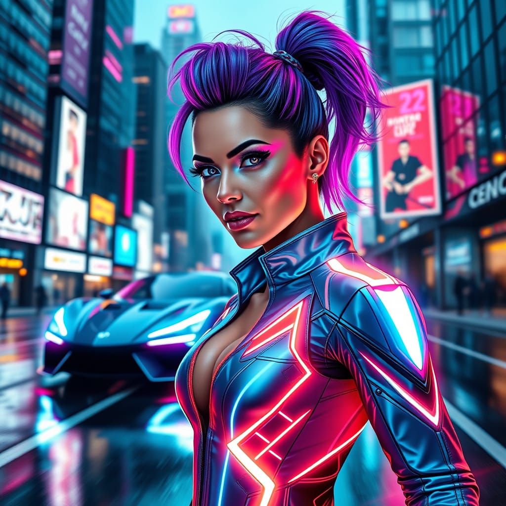 Stunning Cyberpunk Goddess in Neon Racing Suit, High Ponytai...