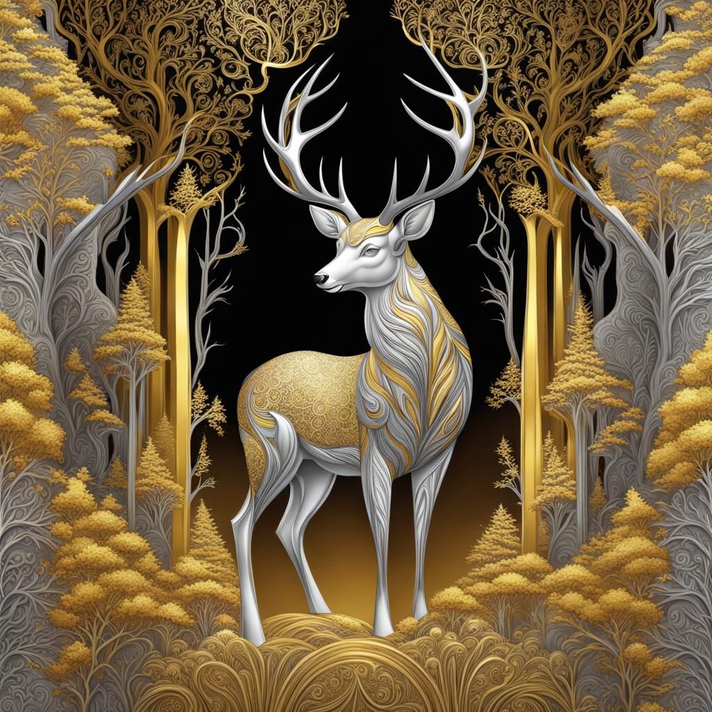 Silver Stag in Golden Fantasy Forest