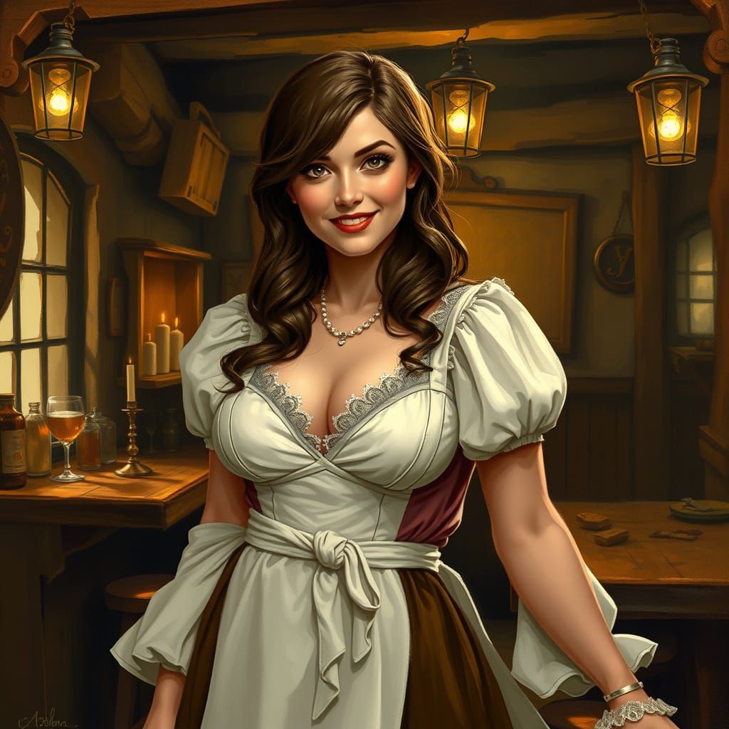Rustic Tavern Beauty with Flirtatious Smile