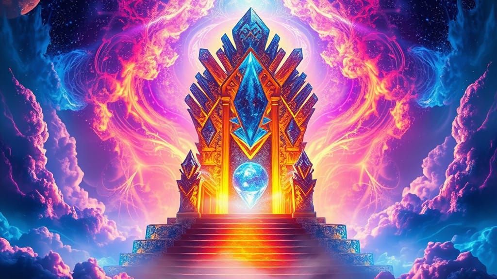 Cosmic Sapphire Throne in Hyperrealistic, Celestial Glory