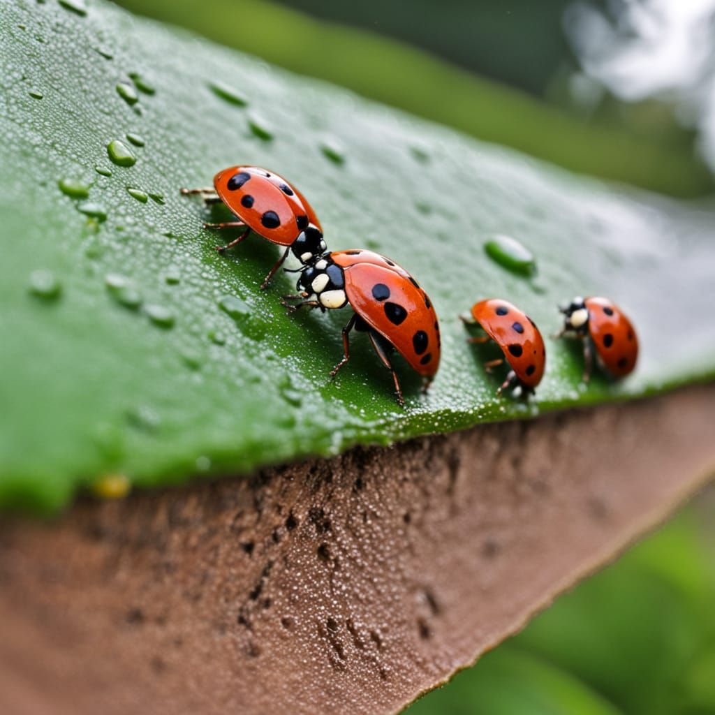 Ladybugs Riding a Leaf in a Rain Gutter