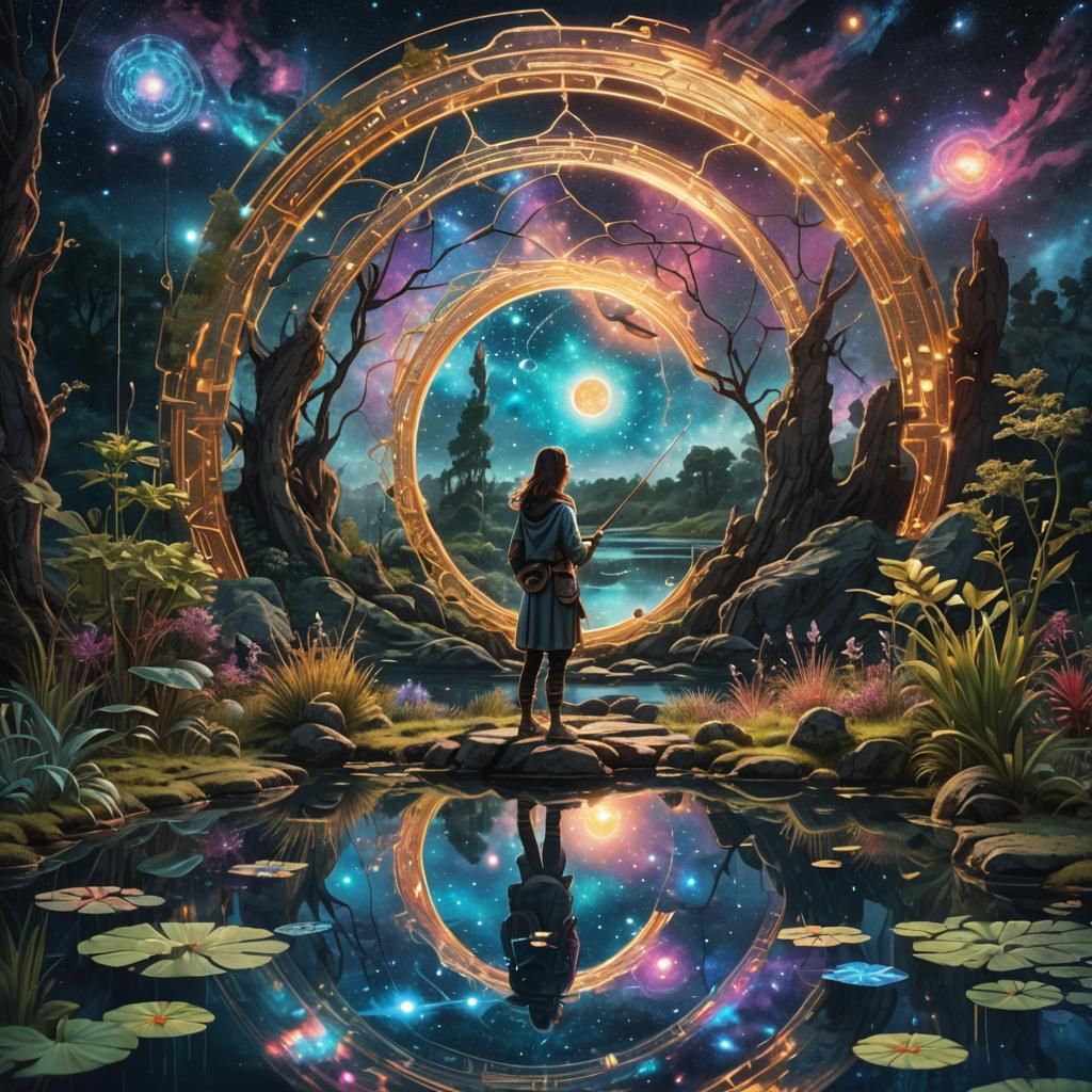 Cosmic Portal Reveals Girl Fishing in Pond