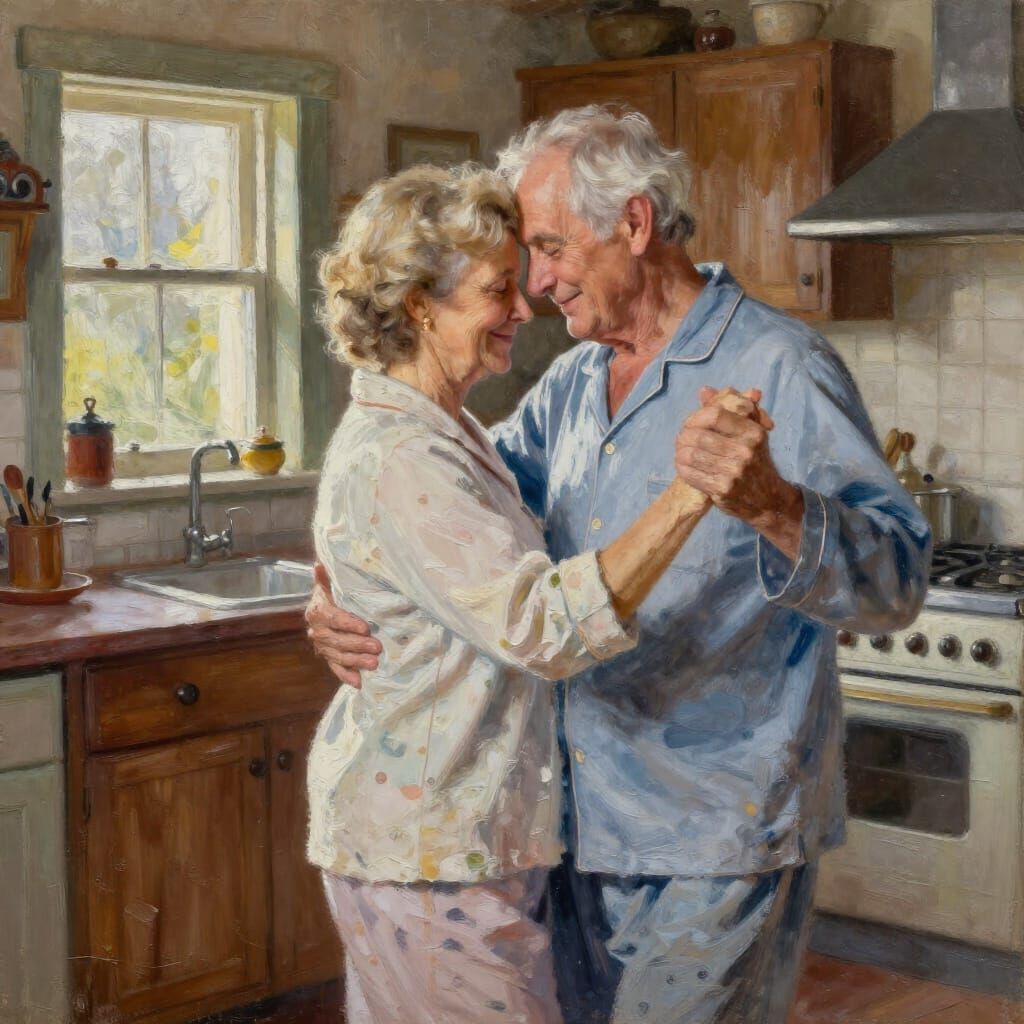 Elderly Couple Slow Dancing in Rustic Kitchen